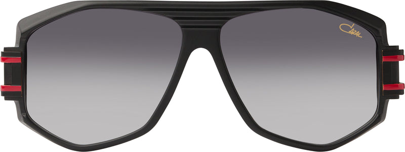 Cazal 163 Sunglasses with matte black frame color and temples that are black and red, Gray Gradient lenses