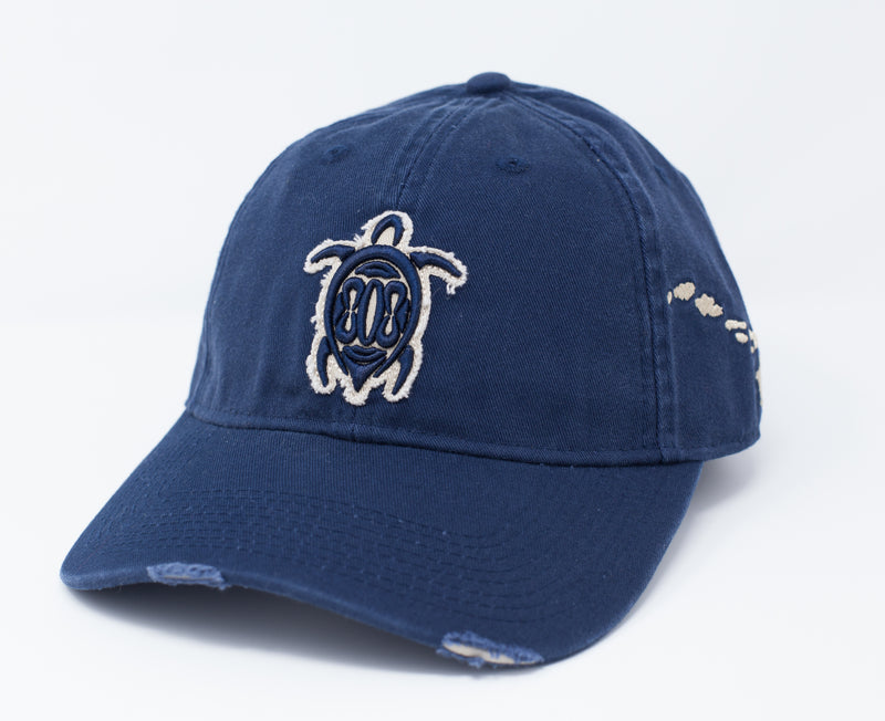 Navy vintage distressed dad cap. Turtle with 808 embroidered on front and Hawaiian islands on left side.