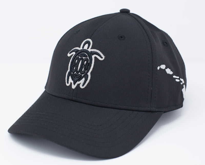 Black colored sport material baseball cap with a turtle embroidery on the center front. Uses a buckle Closure.